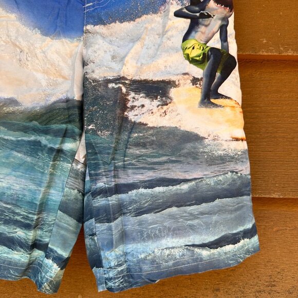 OP Boys Shark Swim Trunks Blue Ocean Surf Print Neon Yellow Waistband Size M 8 - Picture 5 of 9